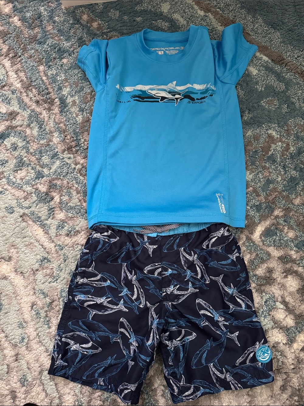 Blue Shark Rash Guard Set with Shark Print Swim Trunks 30+ UPF